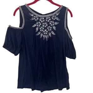 MAX EDITION PETITE navy cold‎ shoulder embroidered short sleeve top womens M